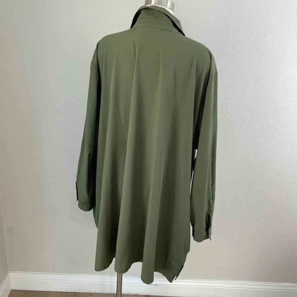 Susan Graver Woman Plus 4XP Olive Green Button UpTunic Shirt Pockets Long Sleeve - Picture 9 of 9